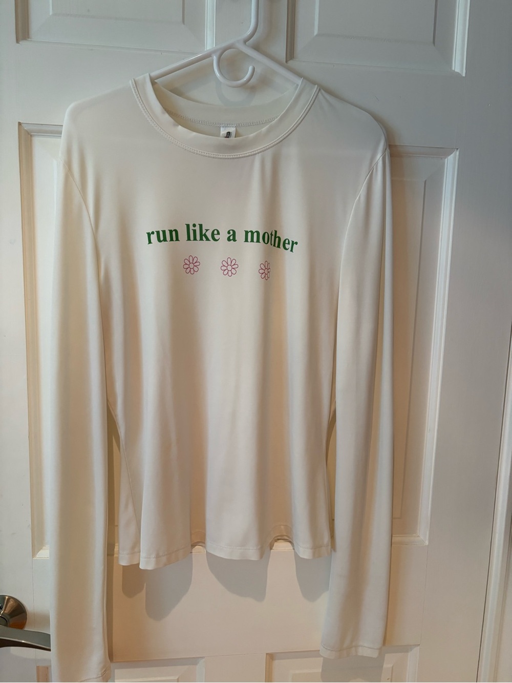 Long-Sleeve Athletic Running Shirt- White with Green Print excess brand